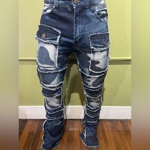 Bleecker&Mercer Camouflage Cargo Jeans blue premium denim stack flare fit